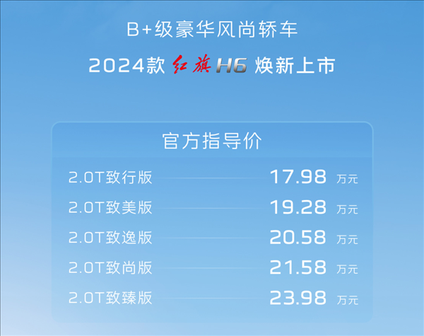 凱美瑞國產強敵！2024款紅旗H6上市：17.98萬元起